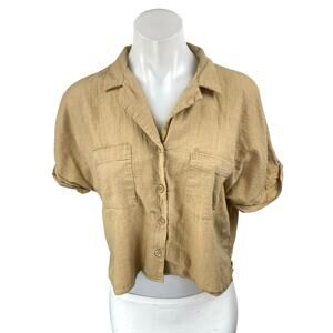 Cotton On Women's Tan Short Sleeve Pockets Button Up Shirt Crop Top Size S